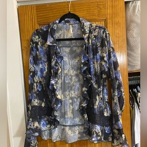 Free People Floral Ruffle Sheer Blouse in Blue and Black